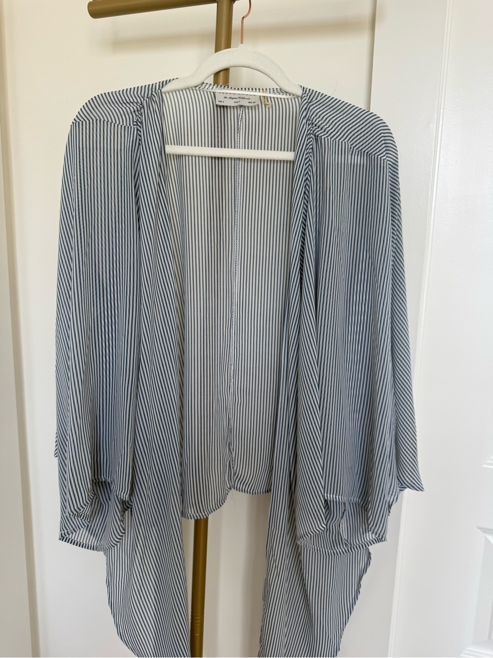 Dress Forum Blue and White Striped Draped Open Front Blouse